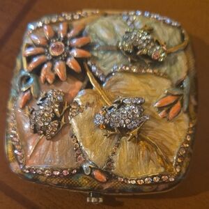 Jay Strongwater Floral and Frog Embellished Compact Mirror